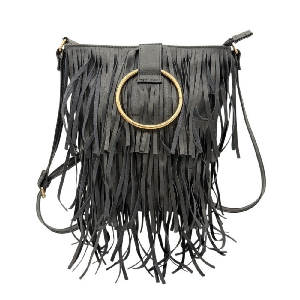 Deb & Dave Black Fringe Crossbody‎ Bag Gold Ring Boho Vegan Leather Handbag